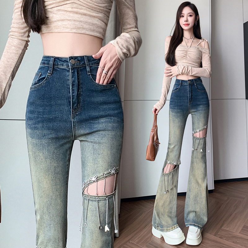 Holes micro speaker pants high waist hollow jeans for women