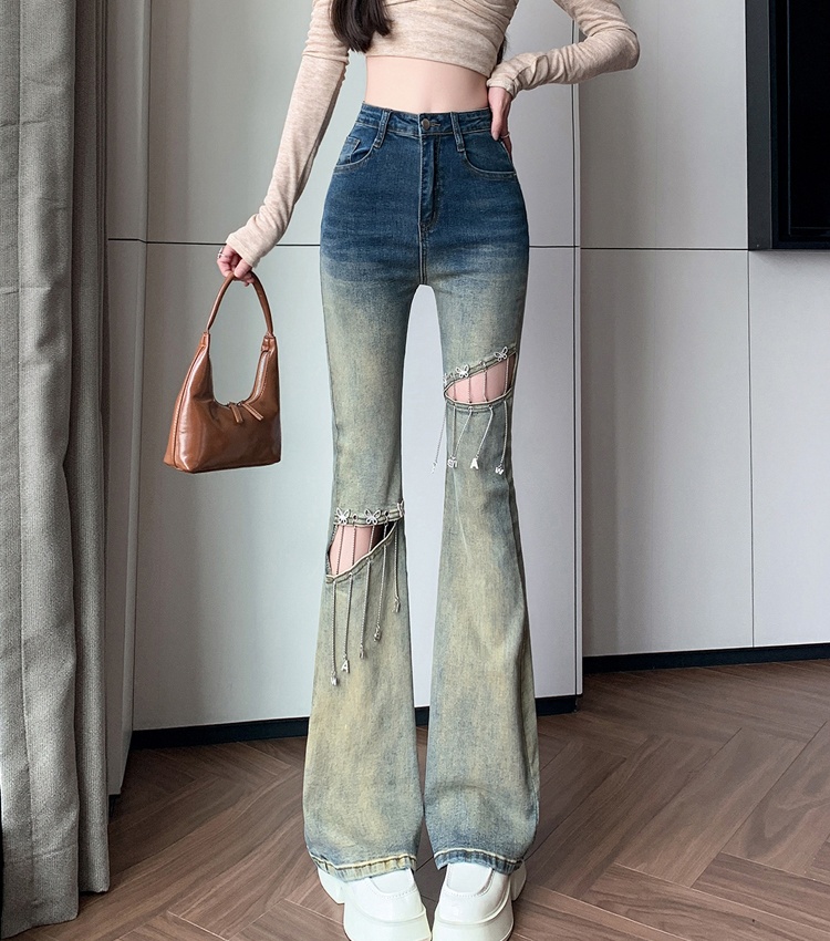 Holes micro speaker pants high waist hollow jeans for women