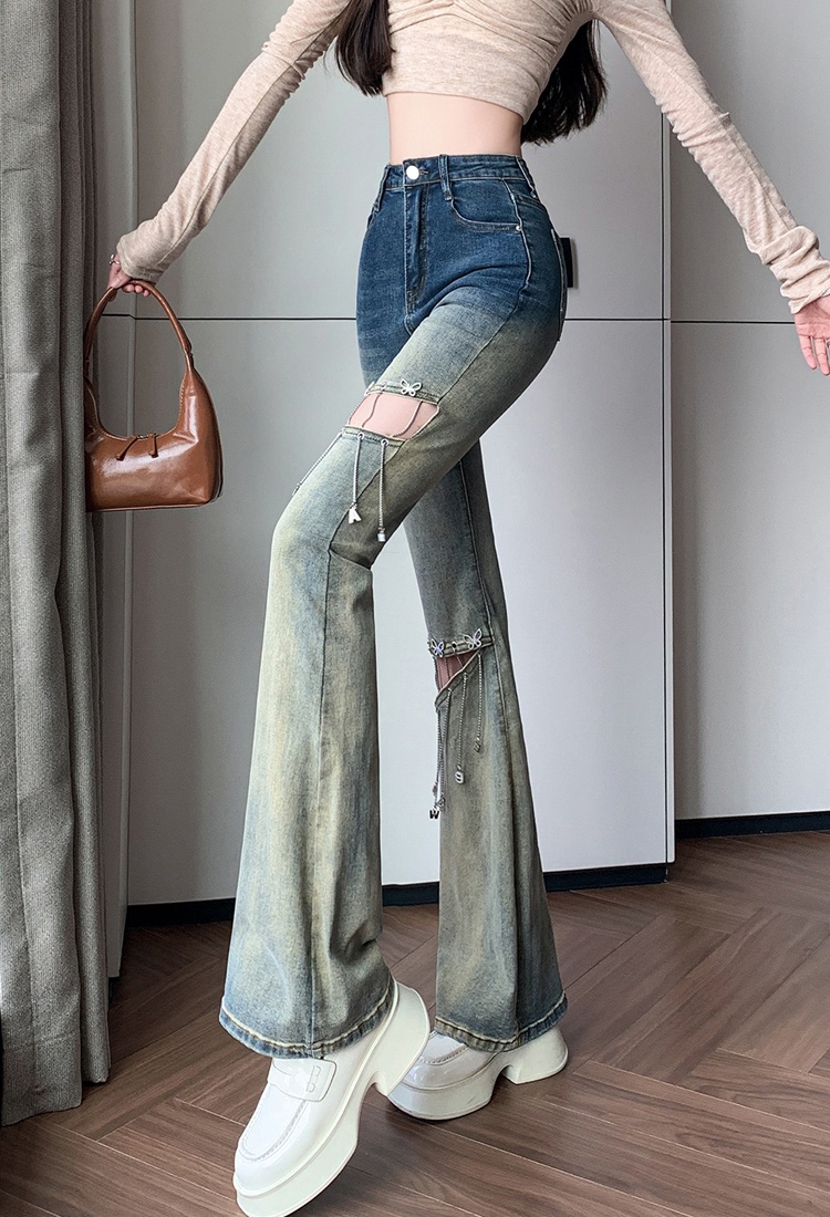 Holes micro speaker pants high waist hollow jeans for women