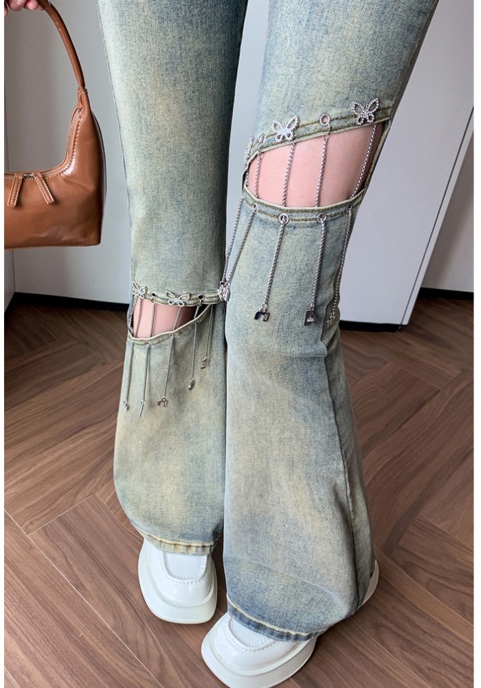 Holes micro speaker pants high waist hollow jeans for women