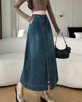 Drape slim denim skirt A-line big skirt split long dress