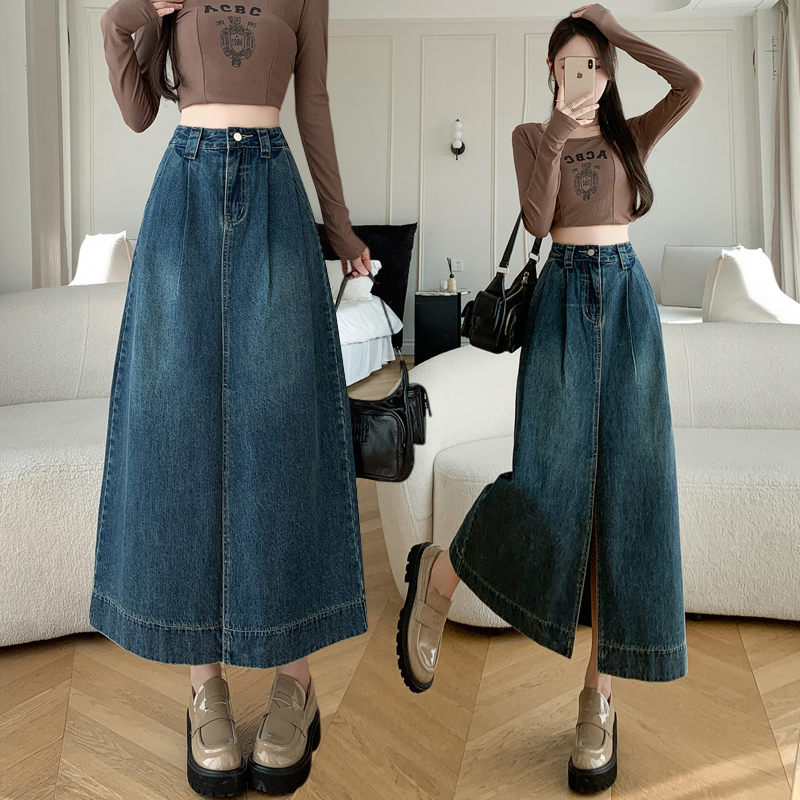 Drape slim denim skirt A-line big skirt split long dress