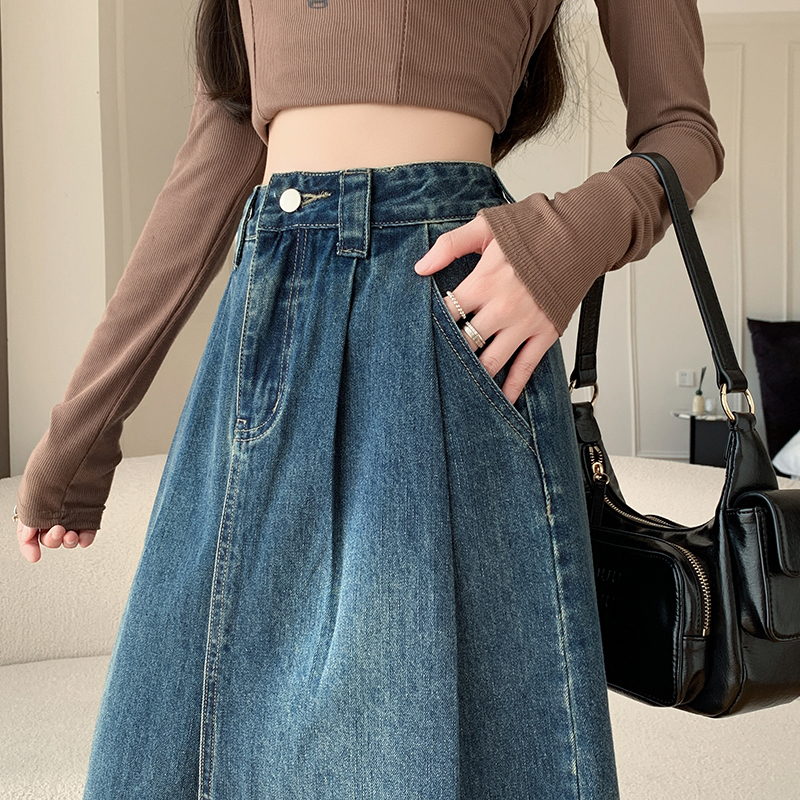 Drape slim denim skirt A-line big skirt split long dress