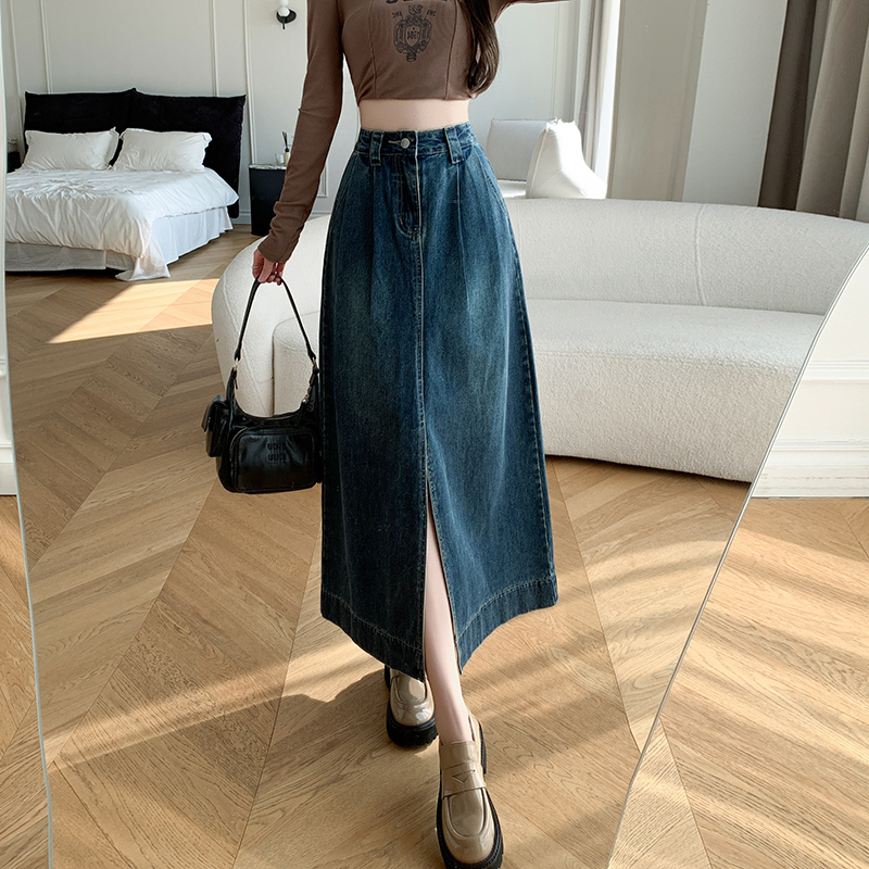 Drape slim denim skirt A-line big skirt split long dress