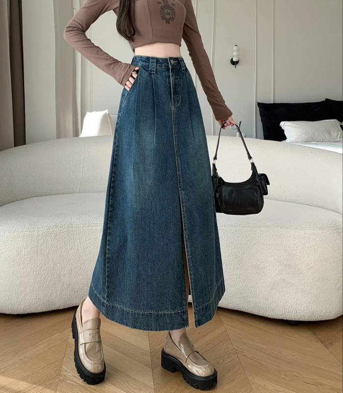 Drape slim denim skirt A-line big skirt split long dress