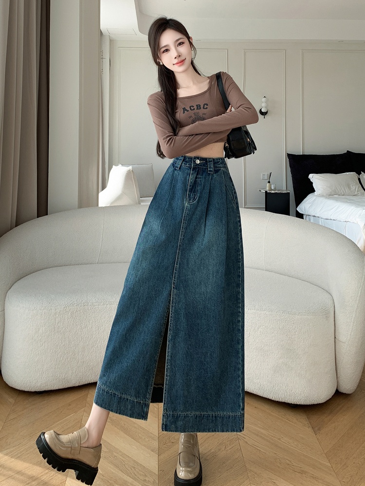 Drape slim denim skirt A-line big skirt split long dress