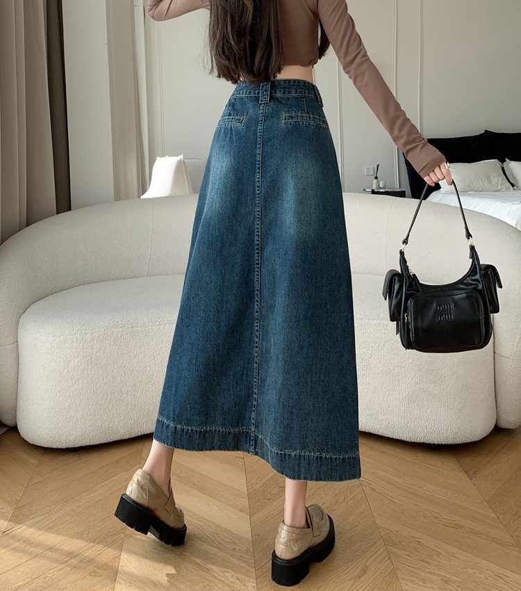 Drape slim denim skirt A-line big skirt split long dress