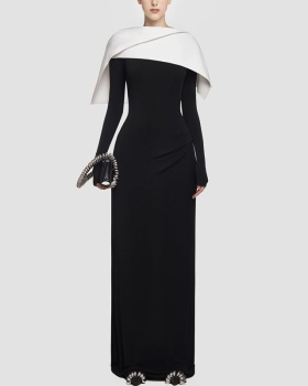 Slim asymmetry long dress black-white mopping formal dress