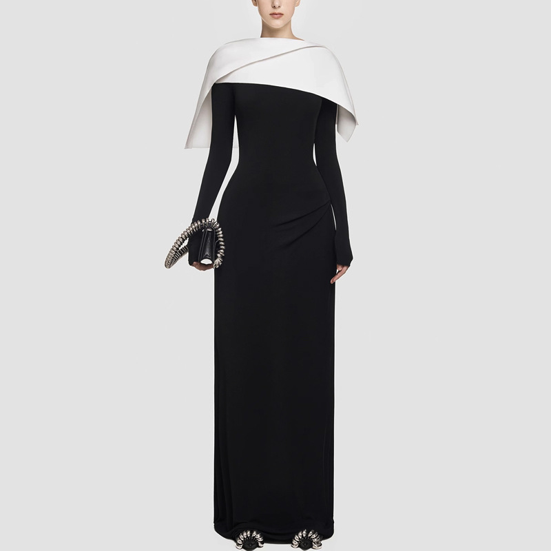 Slim asymmetry long dress black-white mopping formal dress