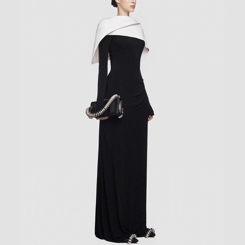 Slim asymmetry long dress black-white mopping formal dress