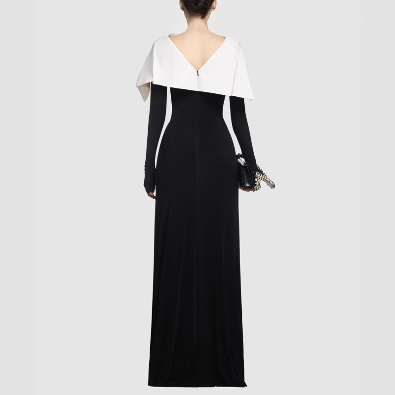 Slim asymmetry long dress black-white mopping formal dress