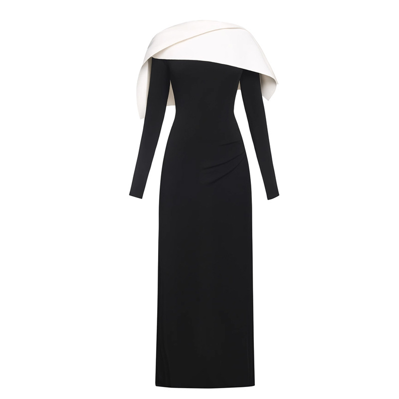 Slim asymmetry long dress black-white mopping formal dress