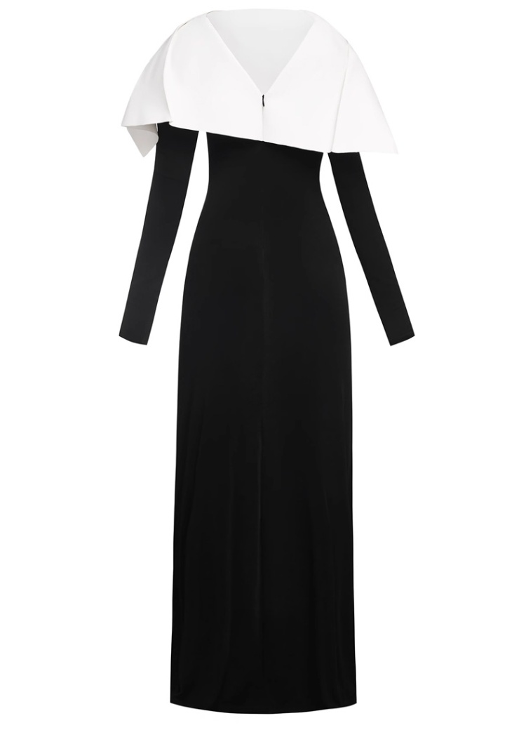 Slim asymmetry long dress black-white mopping formal dress