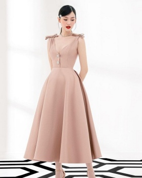 Niche satin bow shoulder strap high waist long dress