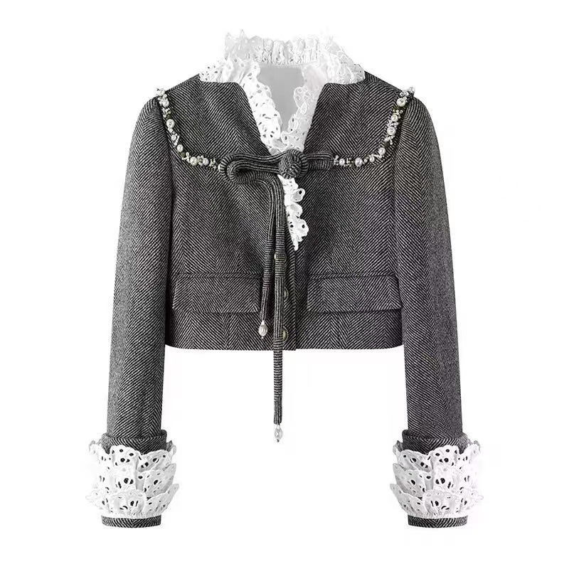 Short lace chanelstyle coat gray rhinestone tops