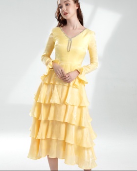 Yellow spring cake long slim niche dress for women