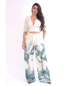 V-neck lantern sleeve tops printing wide leg pants a set