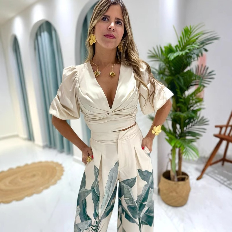 V-neck lantern sleeve tops printing wide leg pants a set