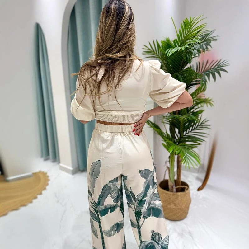 V-neck lantern sleeve tops printing wide leg pants a set