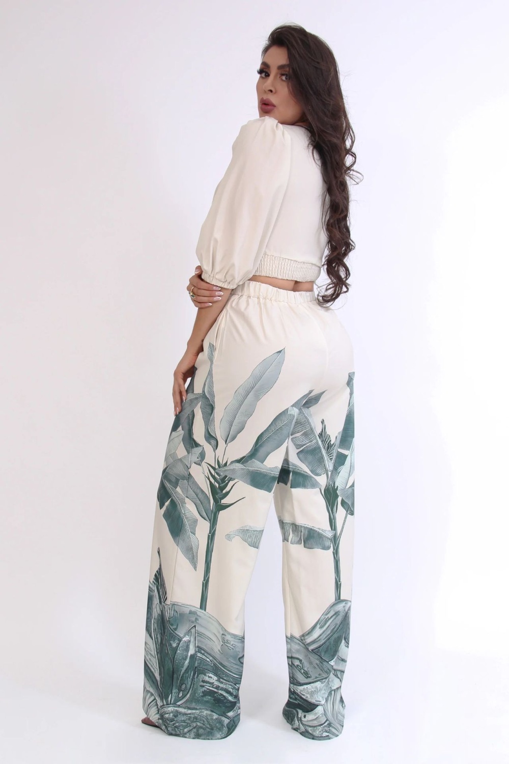 V-neck lantern sleeve tops printing wide leg pants a set