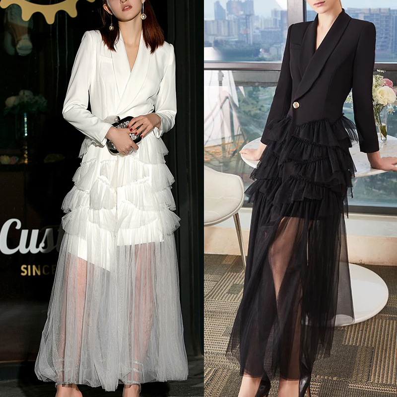 Long sleeve autumn evening dress splice gauze dress for women