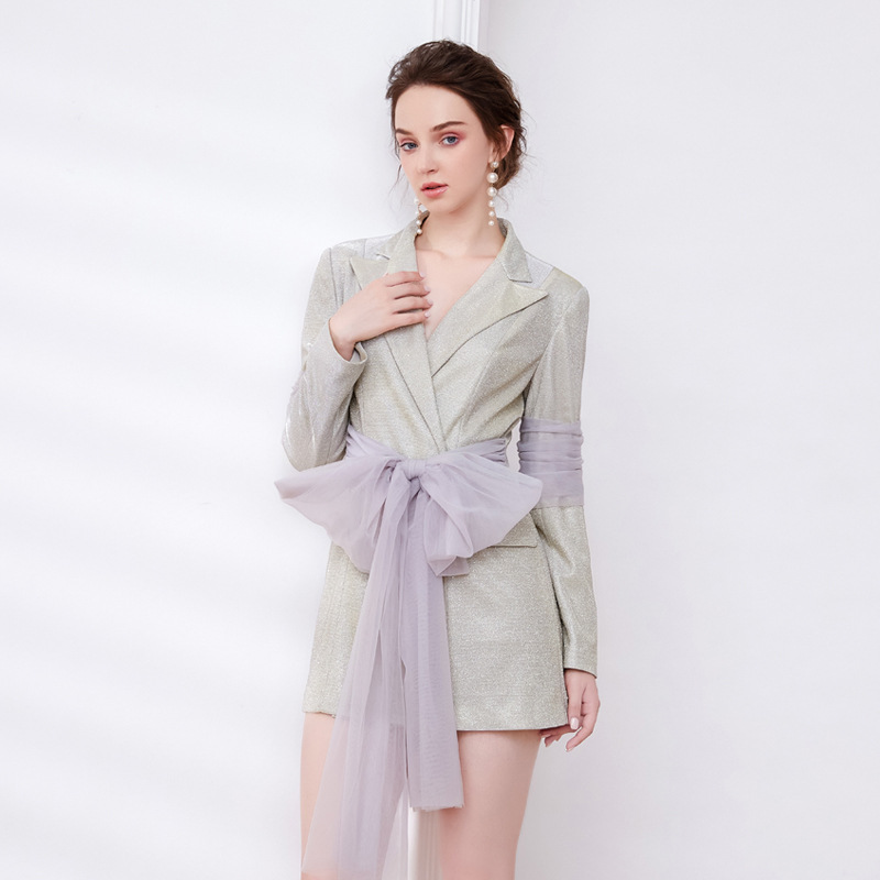 Glitter pinched waist champagne dress autumn streamer coat