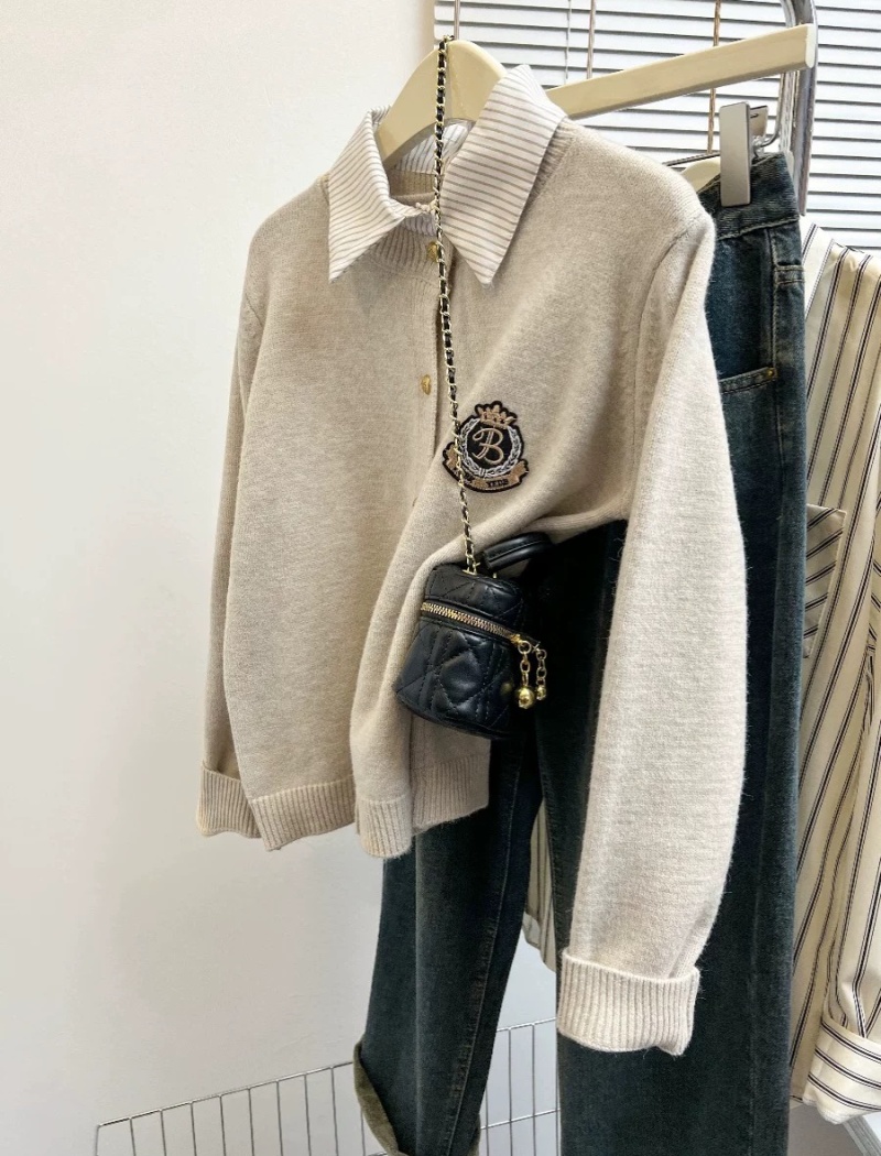 Pseudo-two sweater college style cardigan for women