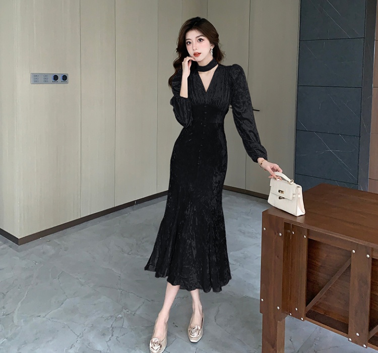 High waist V-neck mermaid long temperament dress