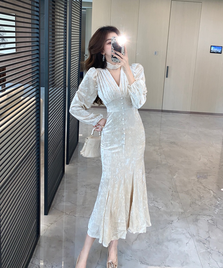 High waist V-neck mermaid long temperament dress