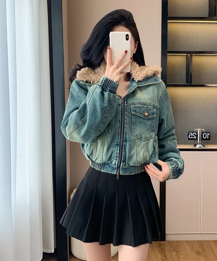 Thick plus cotton denim coat fur collar Casual jacket