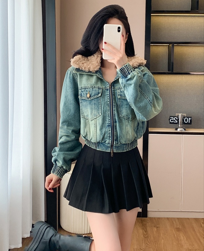 Thick plus cotton denim coat fur collar Casual jacket