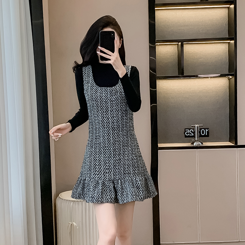 Sweet chanelstyle sweater temperament dress 2pcs set