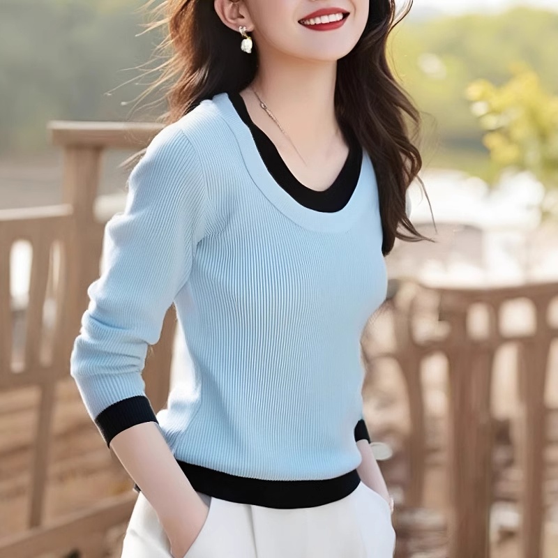 Splice slim knitted Pseudo-two sweater for women