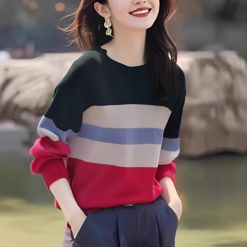 Autumn and winter sweater stripe tops for women