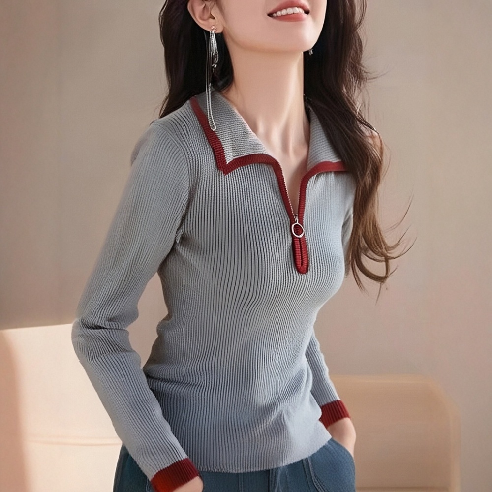 Gray zip autumn and winter tops lapel long sleeve sweater