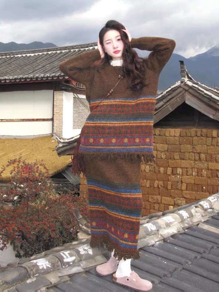 Autumn and winter skirt loose sweater 2pcs set for women