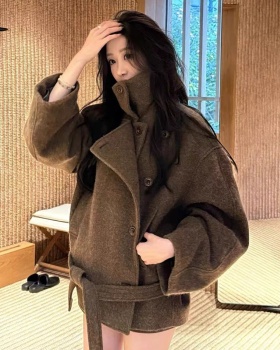 Brown winter woolen coat short thick overcoat