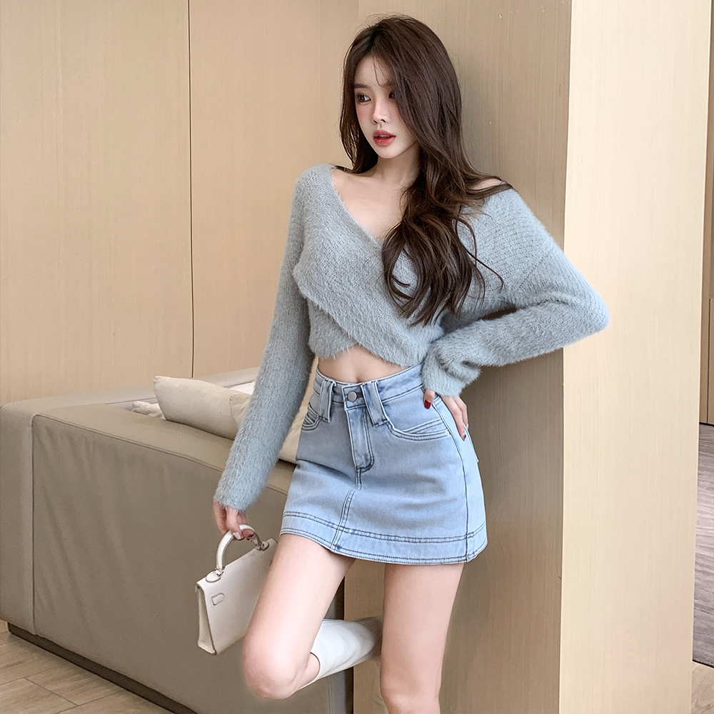 A-line winter short skirt anti emptied thick denim skirt