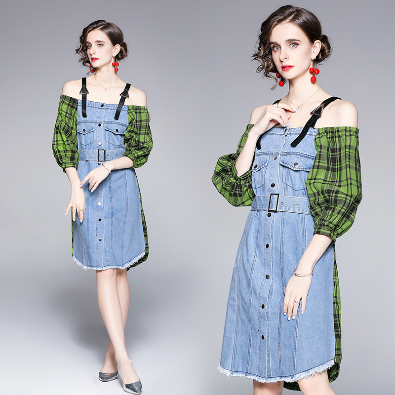 Autumn and winter splice strap dress denim dress