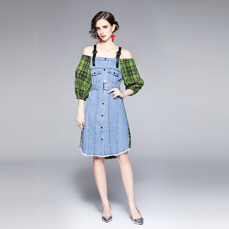 Autumn and winter splice strap dress denim dress