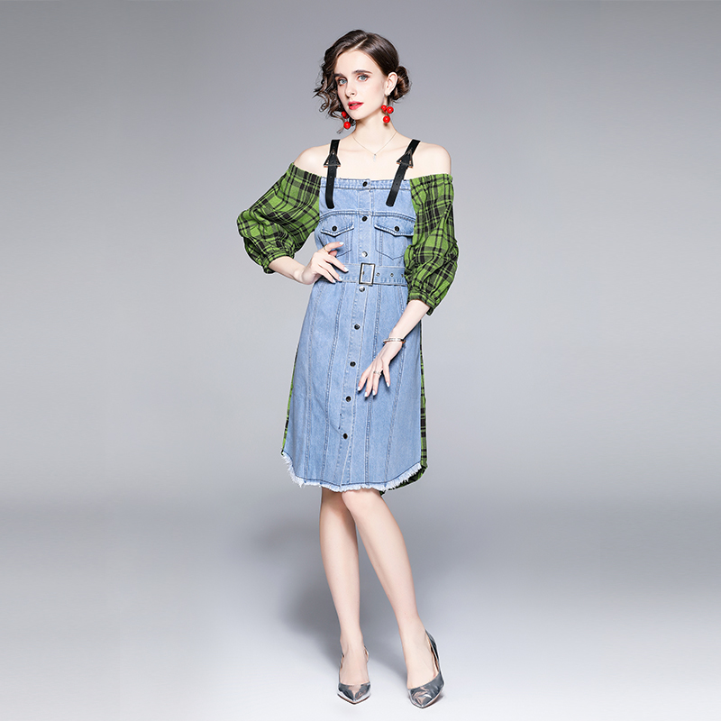 Autumn and winter splice strap dress denim dress