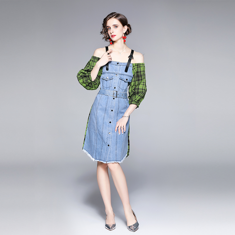 Autumn and winter splice strap dress denim dress