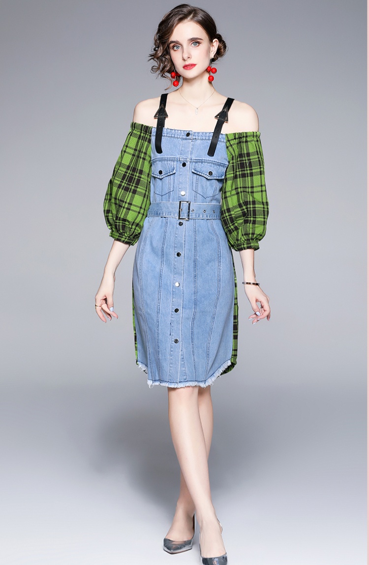 Autumn and winter splice strap dress denim dress