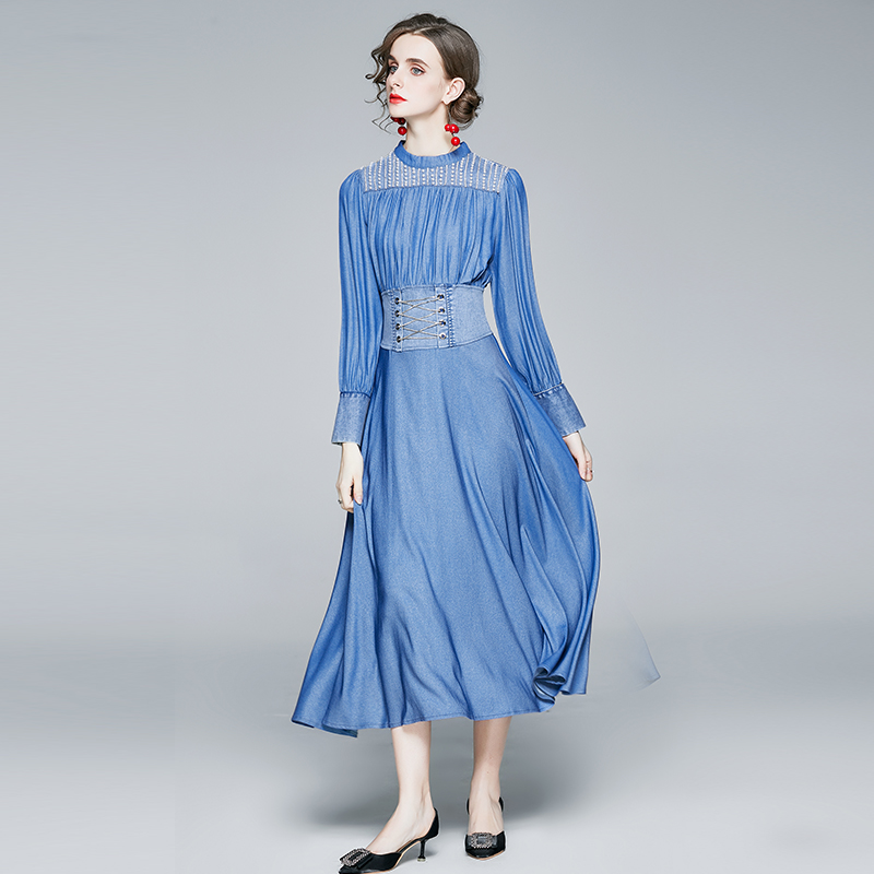 Denim A-line beautiful long sleeve dress for women