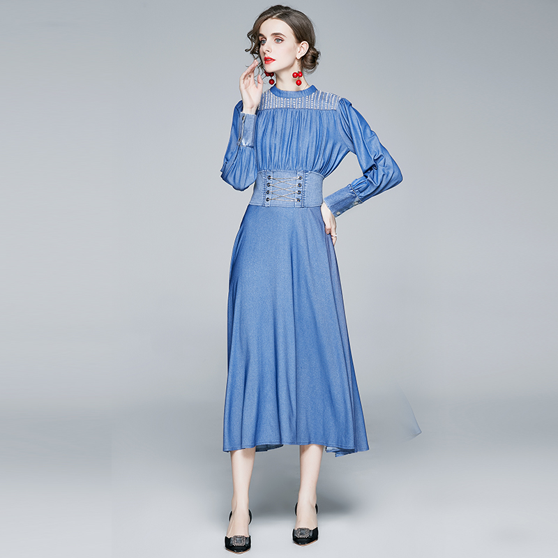 Denim A-line beautiful long sleeve dress for women