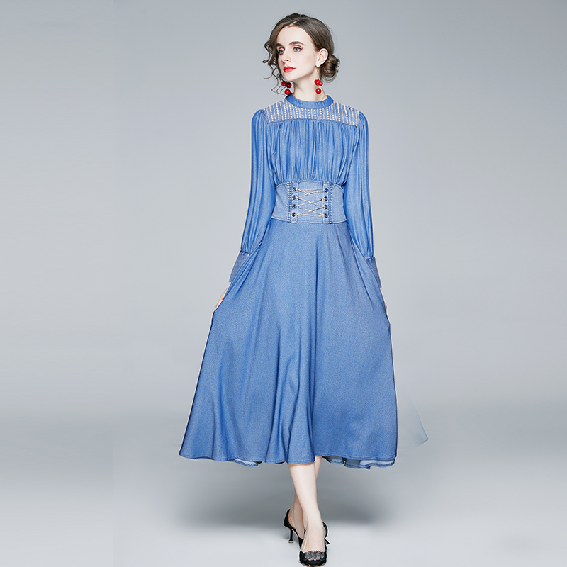 Denim A-line beautiful long sleeve dress for women