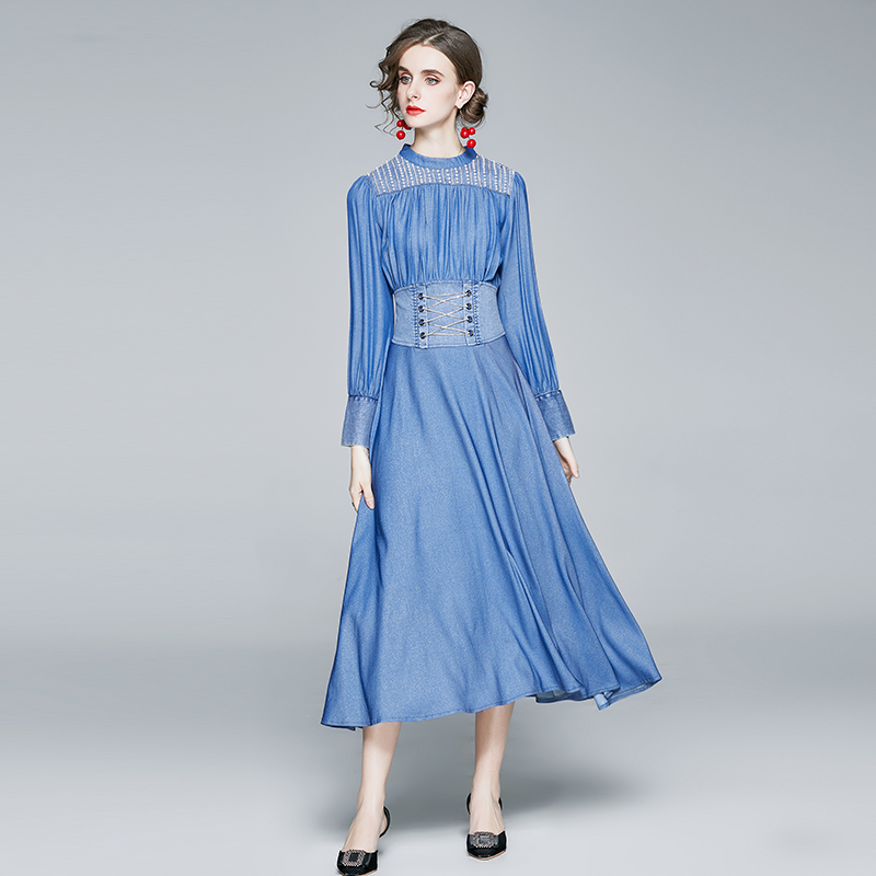 Denim A-line beautiful long sleeve dress for women