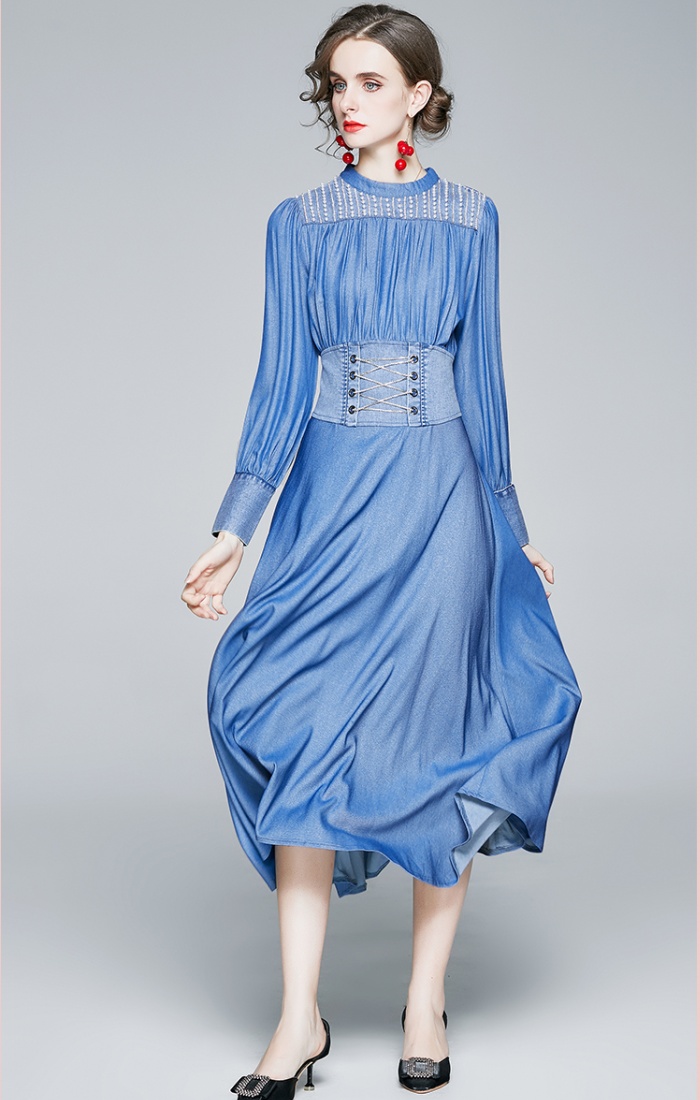 Denim A-line beautiful long sleeve dress for women