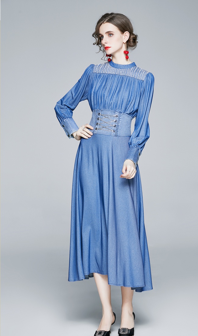 Denim A-line beautiful long sleeve dress for women