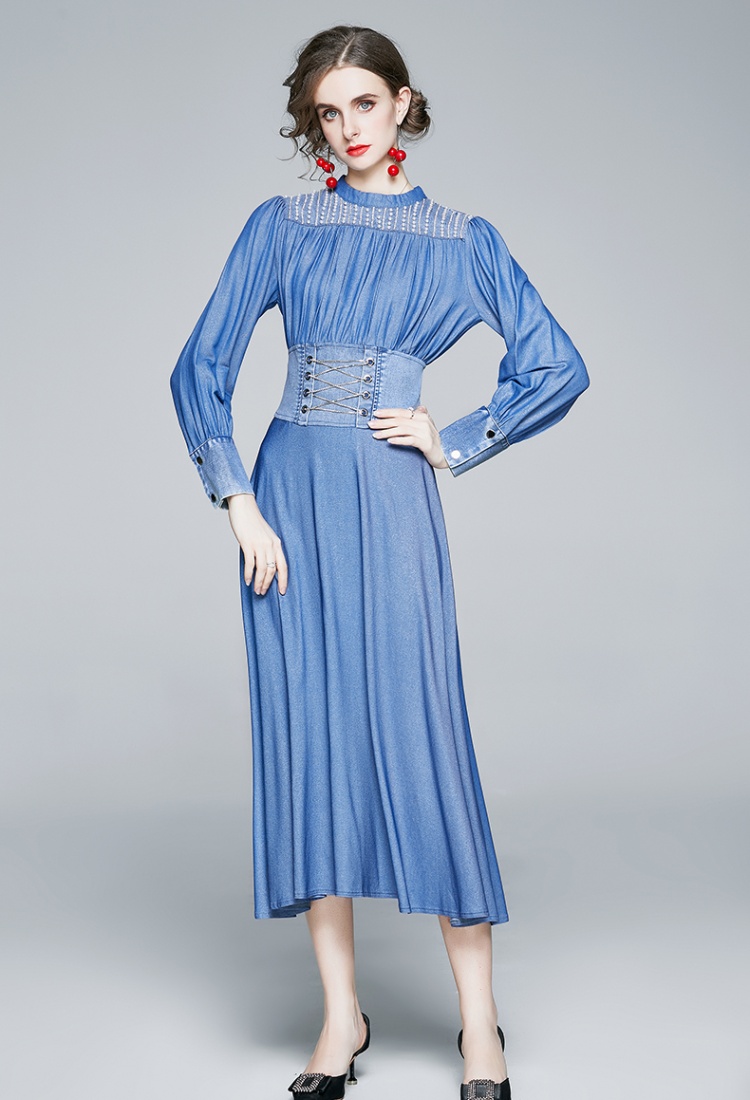 Denim A-line beautiful long sleeve dress for women